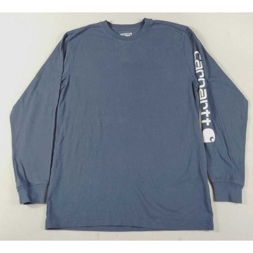 Carhartt Shirt Mens Small Blue Long Sleeve Logo Graphic Workwear Tee Crewneck